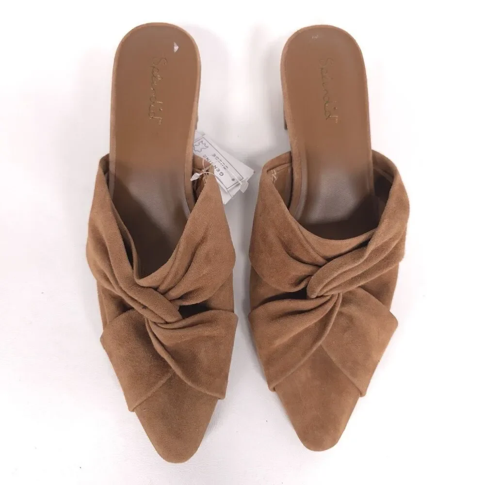 Splendid New Lanis GENUINE SUEDE LEATHER Mules 8.5 M Caramel Knot Heeled Pointed